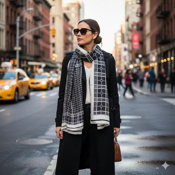 Oversized Scarf 100% Silk Wrap Shawl Designer Style Black Nautical Gift 70x35 - Picture 6 of 10